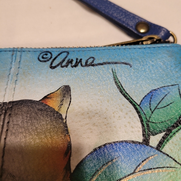 Anuschka Blue and Green Leather Hand Painted  Cat Design Wristlet - Picture 3 of 9